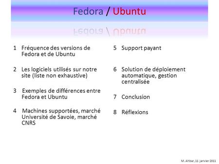 1Fréquence des versions de Fedora et de Ubuntu 2Les logiciels utilisés sur notre site (liste non exhaustive) 3 Exemples de différences entre Fedora et.