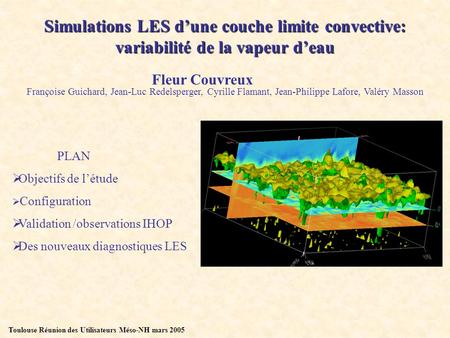 Toulouse Réunion des Utilisateurs Méso-NH mars 2005 Simulations LES d’une couche limite convective: variabilité de la vapeur d’eau PLAN  Objectifs de.
