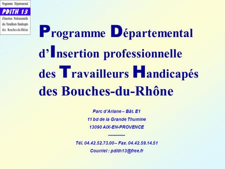 P rogramme D épartemental d’ I nsertion professionnelle des T ravailleurs H andicapés des Bouches-du-Rhône Parc d’Ariane – Bât. E1 11 bd de la Grande Thumine.