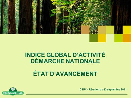 CTPC - Réunion du 23 septembre 2011 INDICE GLOBAL D’ACTIVITÉ DÉMARCHE NATIONALE ÉTAT D’AVANCEMENT.
