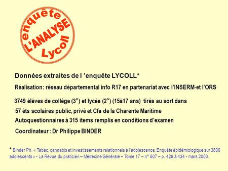 57 éts scolaires public, privé et Cfa de la Charente Maritime 3749 élèves de collège (3°) et lycée (2°) (15à17 ans) tirés au sort dans Données extraites.