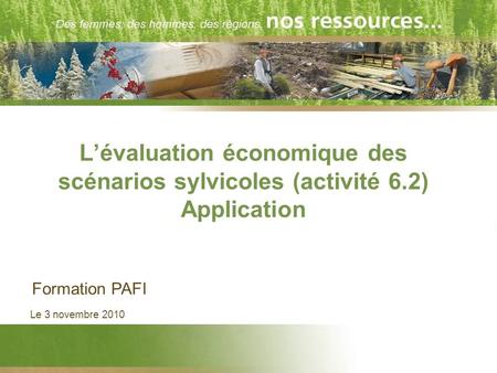 L’évaluation économique des scénarios sylvicoles (activité 6.2) Application Le 3 novembre 2010 Formation PAFI.