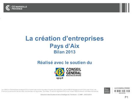 P1 La création d’entreprises Pays d’Aix Bilan 2013 Réalisé avec le soutien du Direction des Etudes et de la Stratégie du Territoire - CCIMP – 26/03/2014.