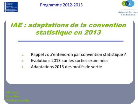 Programme 2012-2013 Mission Insertion Professionnelle IAE : adaptations de la convention statistique en 2013 1. Rappel : qu’entend-on par convention statistique.