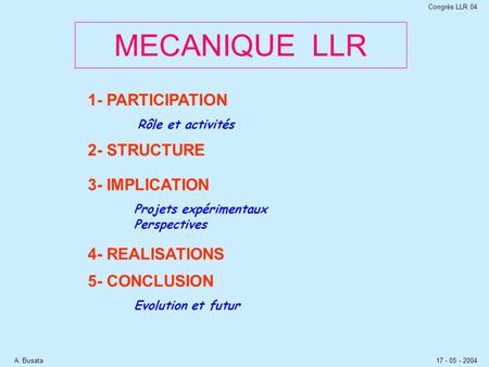 MECANIQUE LLR 1- PARTICIPATION Rôle et activités 2- STRUCTURE 3- IMPLICATION Projets expérimentaux 4- REALISATIONS 5- CONCLUSION Evolution et futur Perspectives.