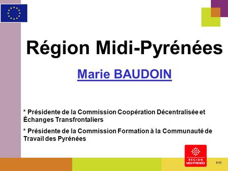 1 Région Midi-Pyrénées Marie BAUDOIN * Présidente de la Commission Coopération Décentralisée et Échanges Transfrontaliers * Présidente de la Commission.