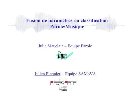 Fusion de paramètres en classification Parole/Musique Julie Mauclair – Equipe Parole Julien Pinquier – Equipe SAMoVA.