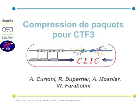 CEA DSM Dapnia - Romuald Duperrier - Compression de paquets pour CTF311 octobre 2005 1 Compression de paquets pour CTF3 A. Curtoni, R. Duperrier, A. Mosnier,