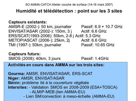 SO AMMA-CATCH Atelier couche de surface (14-16 mars 2007) Humidité et télédétection : point sur les 3 sites Capteurs existants: AMSR-E (2002-): 50 km,