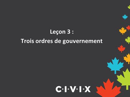 Leçon 3 : Trois ordres de gouvernement. Le Canada est un très grand pays caractérisé par des besoins et des intérêts différents. Afin de répondre aux.