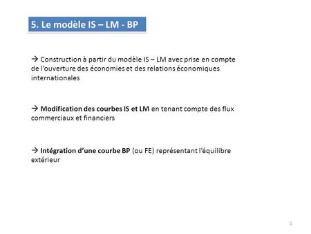 5. Le modèle IS – LM - BP  Construction à partir du modèle IS – LM avec prise en compte de l’ouverture des économies et des relations économiques internationales.