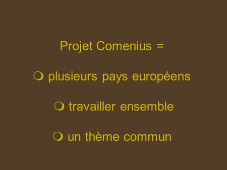 Projet Comenius =  plusieurs pays européens  travailler ensemble  un thème commun.