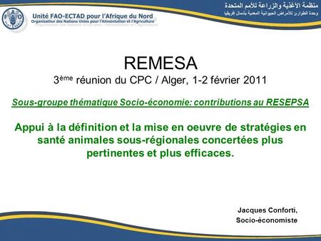 REMESA 3 ème réunion du CPC / Alger, 1-2 février 2011 Sous-groupe thématique Socio-économie: contributions au RESEPSA Appui à la définition et la mise.