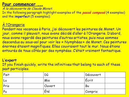 FaitDûDécouvert LuMisÉcrit PrisOuvertBu PuÉtéCompris Pour commencer... À la découverte de Claude Monet. In the following paragraph highlight examples of.