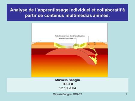 Mirweis Sangin - CRAFT1 Analyse de l’apprentissage individuel et collaboratif à partir de contenus multimédias animés. Mirweis Sangin TECFA 22.10.2004.