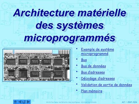 MJ / EME 2006Architecture matérielle des systèmes microprogrammés Exemple de système microprogrammé Exemple de système microprogrammé Bus Bus de données.