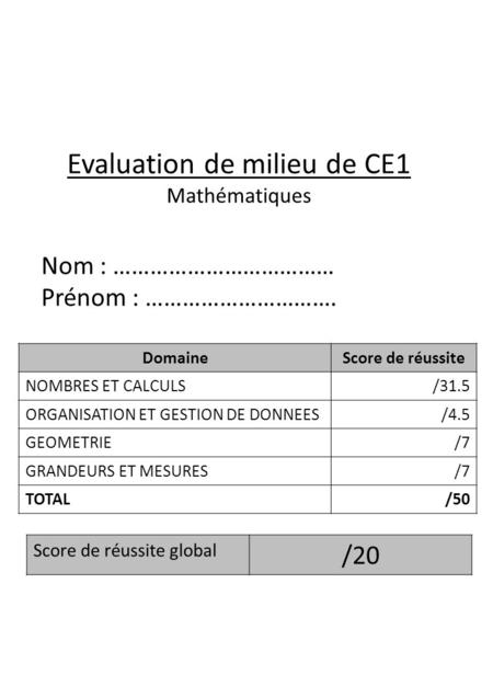 Evaluation de milieu de CE1 Mathématiques