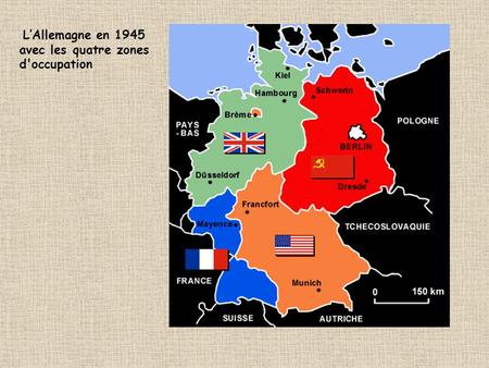 L’Allemagne en 1945 avec les quatre zones d'occupation.