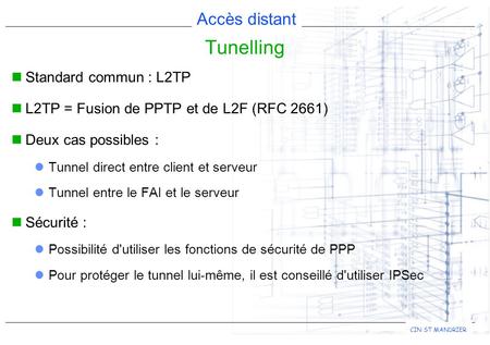 Accès distant CIN ST MANDRIER Tunelling Standard commun : L2TP L2TP = Fusion de PPTP et de L2F (RFC 2661) Deux cas possibles : Tunnel direct entre client.
