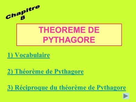 THEOREME DE PYTHAGORE Chapitre 8 1) Vocabulaire