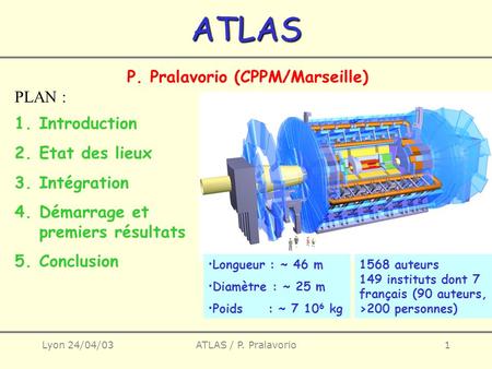 Lyon 24/04/03ATLAS / P. Pralavorio1ATLAS PLAN : P. Pralavorio (CPPM/Marseille) Longueur : ~ 46 m Diamètre : ~ 25 m Poids : ~ 7 10 6 kg 1.Introduction 2.Etat.