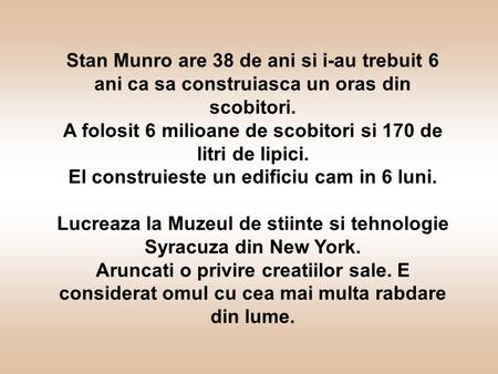 Stan Munro are 38 de ani si i-au trebuit 6 ani ca sa construiasca un oras din scobitori. A folosit 6 milioane de scobitori si 170 de litri de lipici.
