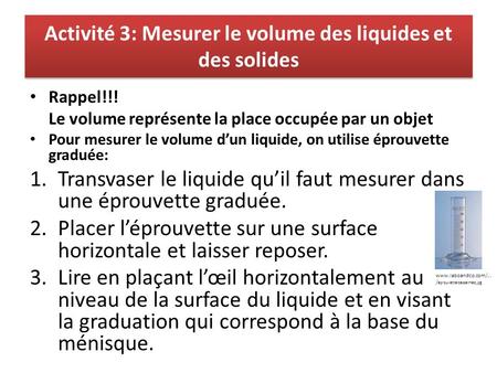 Activité 3: Mesurer le volume des liquides et des solides