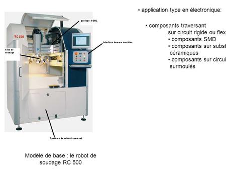 Modèle de base : le robot de soudage RC 500 application type en électronique: composants traversant sur circuit rigide ou flexible composants SMD composants.