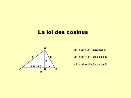 La loi des cosinus A C B ( a – x ) h x c b a D b2 = a2 + c2 - 2ac cosB