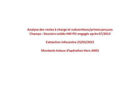 Analyse des restes à charge et subventions/primes perçues Champs : Dossiers soldés HM PO engagés après 07/2013 Extraction Infocentre 23/03/2015 Montants.