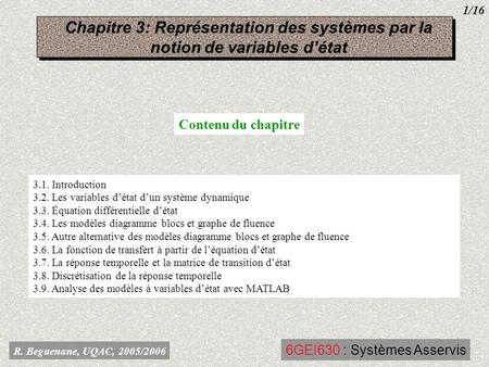 1/16 Chapitre 3: Représentation des systèmes par la notion de variables d’état Contenu du chapitre 3.1. Introduction 3.2. Les variables d’état d’un système.
