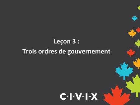 Leçon 3 : Trois ordres de gouvernement. Le Canada est un très grand pays caractérisé par des besoins et des intérêts différents. Afin de répondre aux.