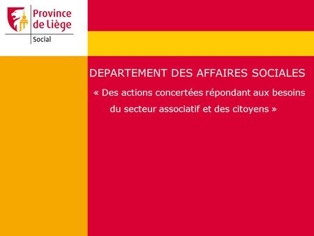 DEPARTEMENT DES AFFAIRES SOCIALES « Des actions concertées répondant aux besoins du secteur associatif et des citoyens »
