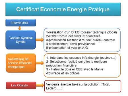 Certificat Economie Energie Pratique Intervenants Conseil syndical Syndic Sociétés(s) de service efficacité énergétique Les Obligés 1-réalisation d’un.