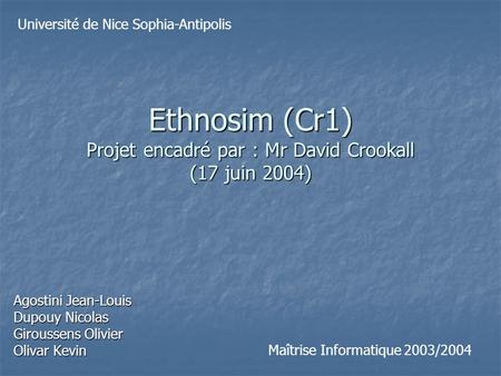 Ethnosim (Cr1) Projet encadré par : Mr David Crookall (17 juin 2004) Agostini Jean-Louis Dupouy Nicolas Giroussens Olivier Olivar Kevin Université de Nice.