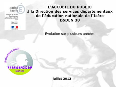 Juillet 2013 L’ACCUEIL DU PUBLIC à la Direction des services départementaux de l'éducation nationale de l'Isère DSDEN 38 Evolution sur plusieurs années.