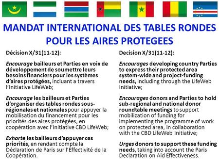 MANDAT INTERNATIONAL DES TABLES RONDES POUR LES AIRES PROTEGEES Décision X/31(11-12): Encourage bailleurs et Parties en voix de développement de soumettre.