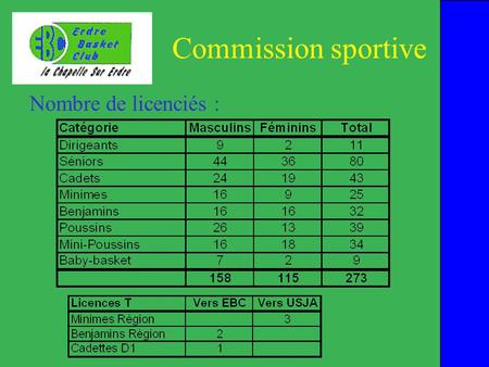 Commission sportive Nombre de licenciés :. Commission sportive Les Equipes féminines : 12 équipes + 1 équipe loisir  Mini-poussines 99  Mini-poussines.