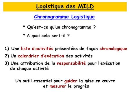Logistique des MILD Chronogramme Logistique