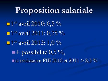 Proposition salariale 1 er avril 2010: 0,5 % 1 er avril 2010: 0,5 % 1 er avril 2011: 0,75 % 1 er avril 2011: 0,75 % 1 er avril 2012: 1,0 % 1 er avril 2012: