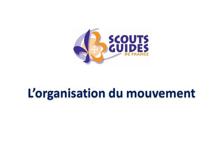 L’organisation du mouvement. Organisation à 3 échelons Groupe Faire vivre la proposition du scoutisme et du guidisme et la proposer à un maximum de jeunes.