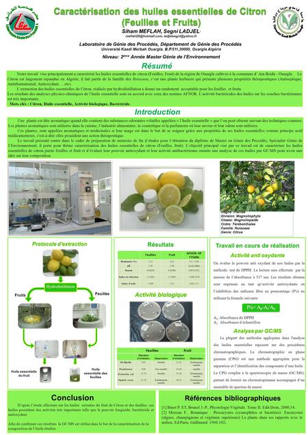 Caractérisation des huiles essentielles de Citron (Feuilles et Fruits)