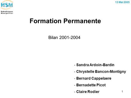 1 Formation Permanente Bilan 2001-2004 - Sandra Ardoin-Bardin - Chrystelle Bancon-Montigny - Bernard Cappelaere - Bernadette Picot - Claire Rodier 13 Mai.