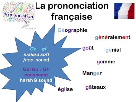 La prononciation française Ge gi make a soft jeee sound Ga /Go / G+ consonant harsh G sound généralement génial Manger église gomme goût Géographie gâteaux.