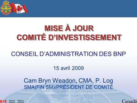 MISE À JOUR COMITÉ D’INVESTISSEMENT CONSEIL D’ADMINISTRATION DES BNP 15 avril 2009 Cam Bryn Weadon, CMA, P. Log SMA(FIN SM)/PRÉSIDENT DE COMITÉ.
