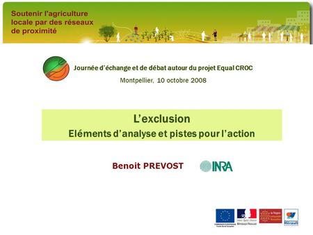 Benoit PREVOST Journée d’échange et de débat autour du projet Equal CROC Montpellier, 10 octobre 2008 L’exclusion Eléments d’analyse et pistes pour l’action.