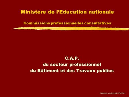 Ministère de l’Education nationale Commissions professionnelles consultatives C.A.P. du secteur professionnel du Bâtiment et des Travaux publics Patrick.