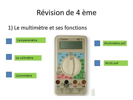 Révision de 4 ème 1) Le multimètre et ses fonctions L’ampèremètre