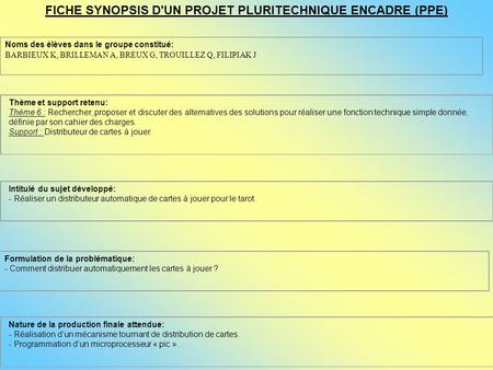 FICHE SYNOPSIS D'UN PROJET PLURITECHNIQUE ENCADRE (PPE)