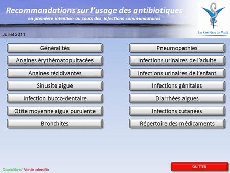 Recommandations sur l’usage des antibiotiques en première intention au cours des infections communautaires Juillet 2011 Généralités Pneumopathies Angines.